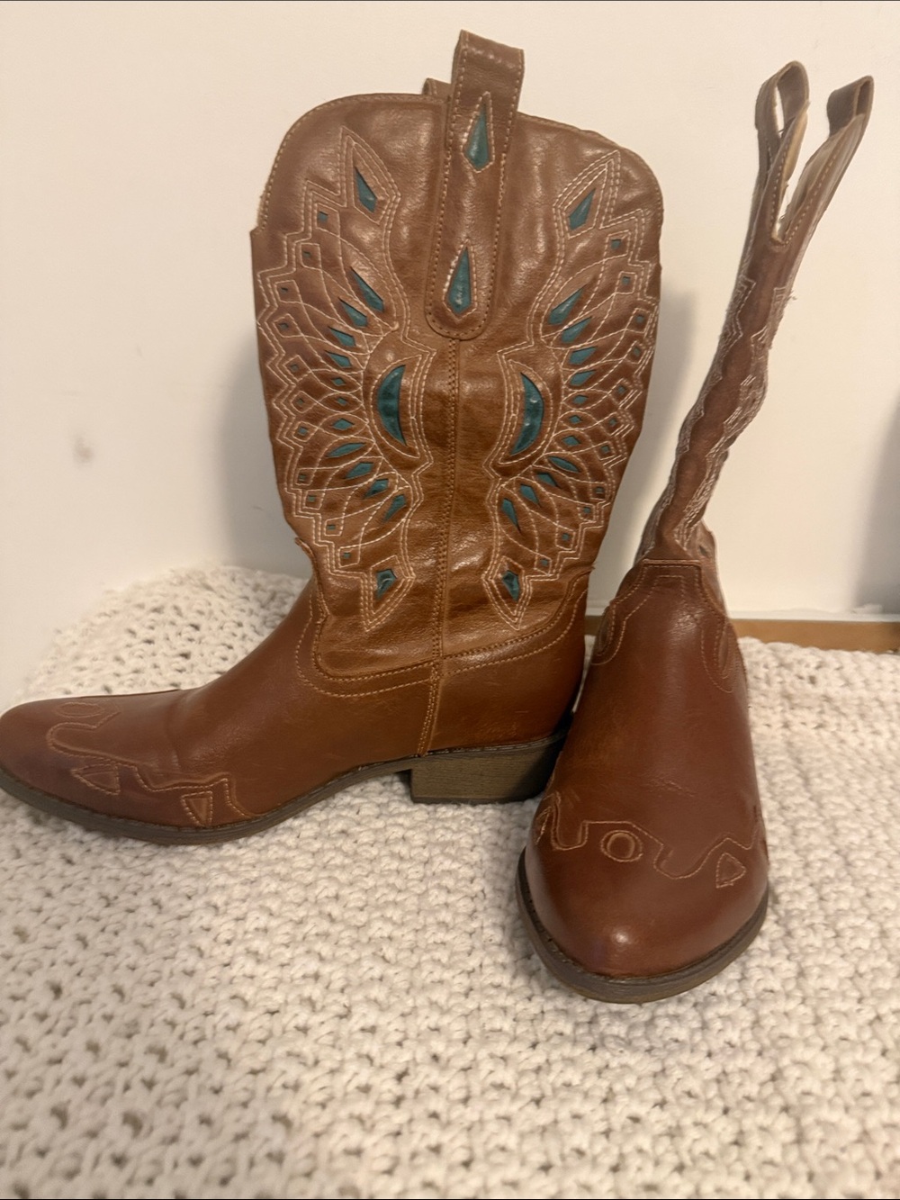 Coconuts by Matisse Brown Western Heeled Boots with Teal Inlay